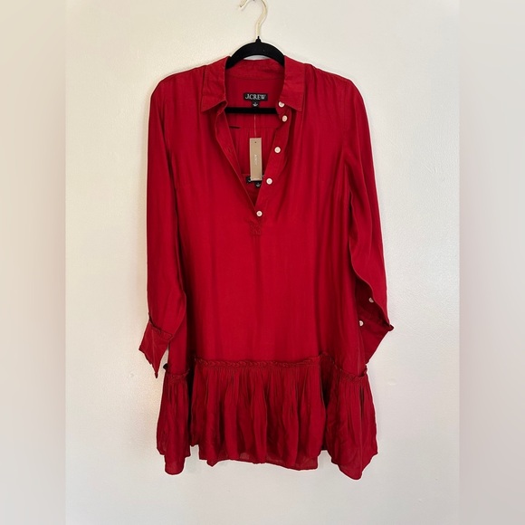 J Crew Amelia Popover Longsleeve Shirtdress in Drapey Viscose Twill Red Small - Picture 2 of 8